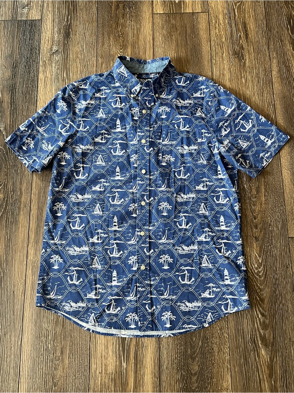 Chaps Blue Short-Sleeve Button-Down Shirt with White Nautical Print Mens Medium